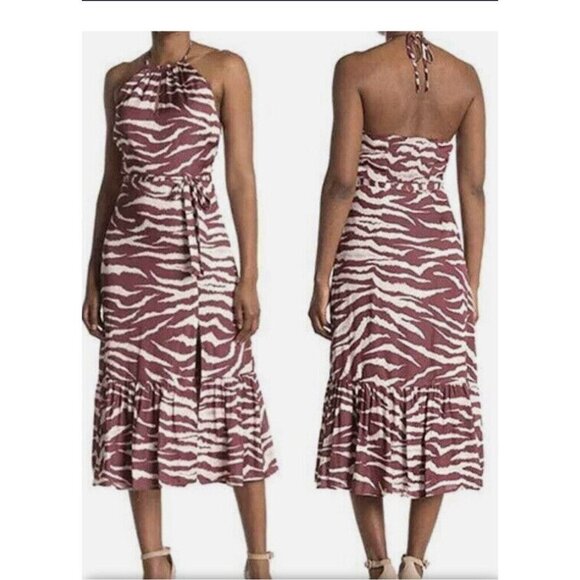 Paige Jade Cherrywood Cream Zebra printed halter ruffle hem midi dress Small - Picture 1 of 15